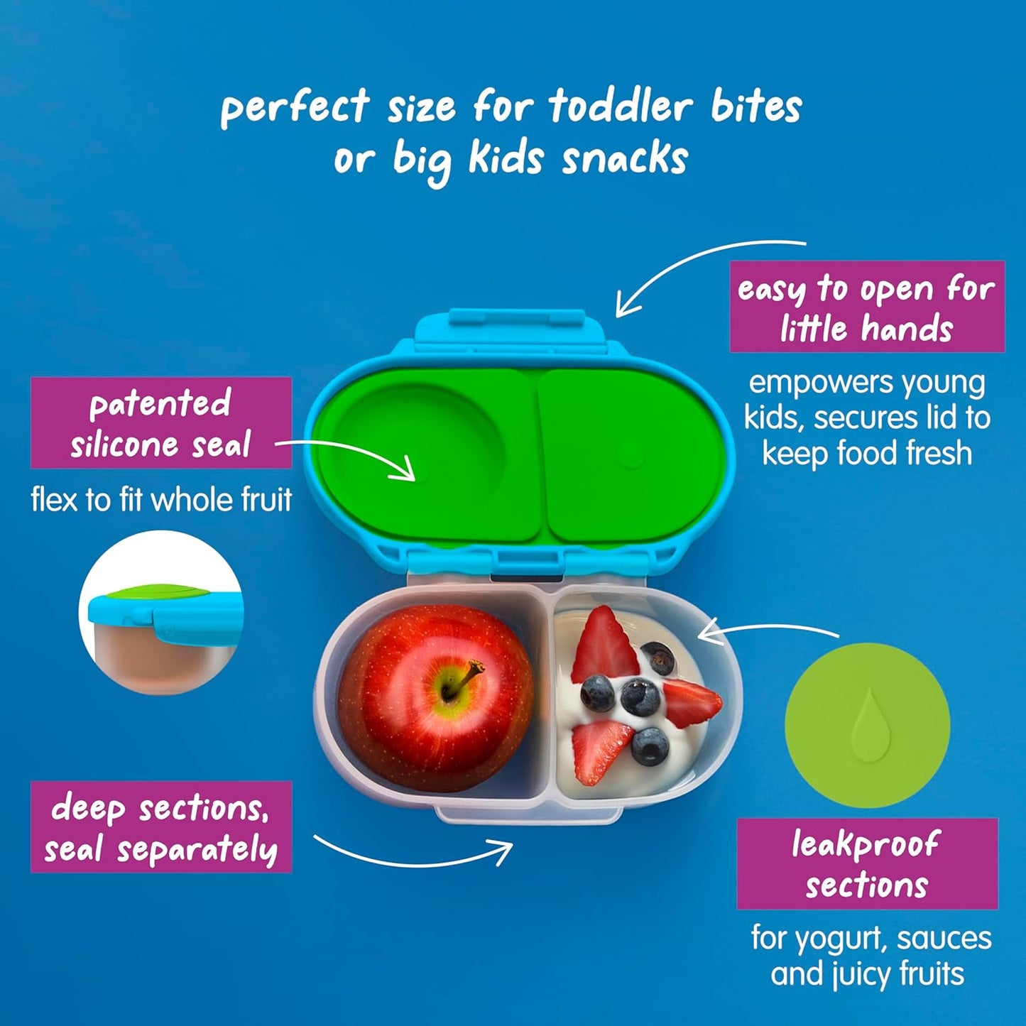 b.box Snack Box 2-Pack - Leak Proof Mini Bento Box for Kids & Toddlers, 2 Compartment Snack Containers for Kids, Dishwasher Safe, BPA-Free, PFAS-Free, Ages 4mo+, 1 3/4 Cup Each (Strawberry + Lilac)