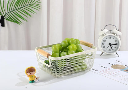 AJIODA Metal Mesh Steel Basket, Large Wire Storage Organizer Basket Multi-function Hanging Kitchen Baskets with Wood Handle for Kitchen Bathroom Picnic Home, Rectangle-Off White