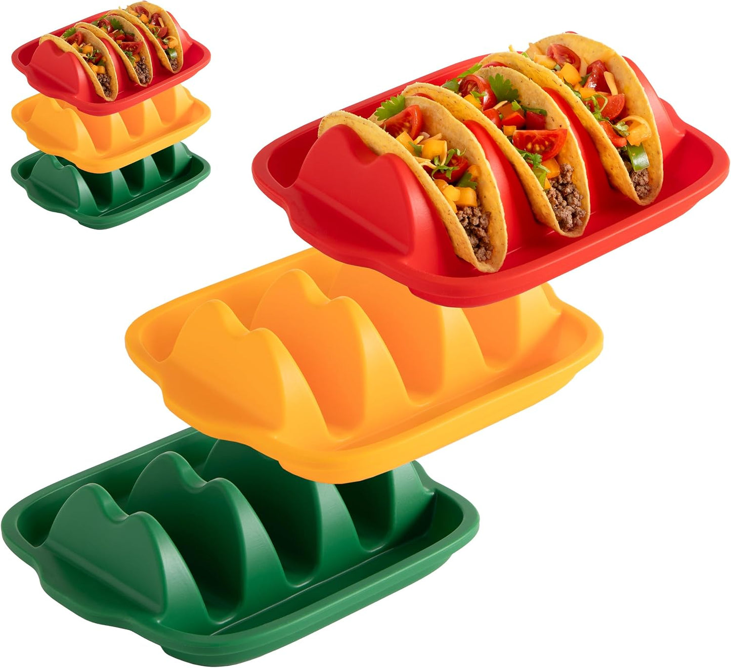 Taco Shell Holder (3 Pack), Silicone Taco Holder for 3 Tacos, Reusable Plates with Dividers, Flexible Soft Tray, Dishwasher & Microwave Safe