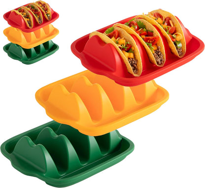 Taco Shell Holder (3 Pack), Silicone Taco Holder for 3 Tacos, Reusable Plates with Dividers, Flexible Soft Tray, Dishwasher & Microwave Safe