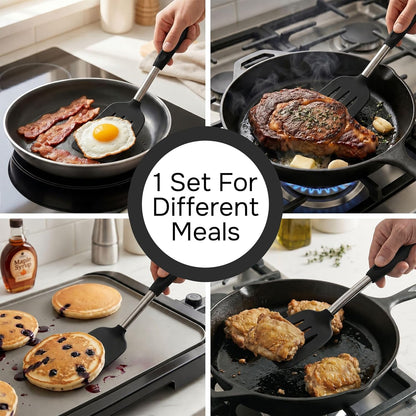 Silicone Spatula Set (2-Pc) - 600°F Heat Resistant, BPA Free, Non-Scratch, Dishwasher Safe I Slotted & Solid Kitchen Spatula Turners I Ideal for Eggs, Pancakes, Fish I Stainless Steel I Gray