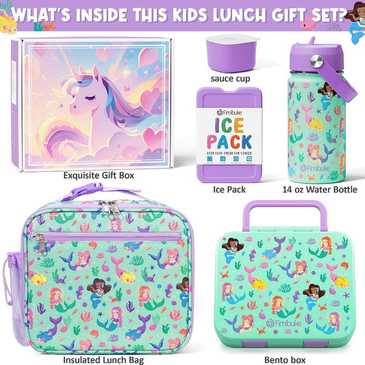 Fimibuke Bento Lunch Box for Kids - Toddler Snack Bento Box Container with 3 Compartments, Stainless Steel Water Bottle, Insulated Lunch Bag, Ice Pack Set for Ages 3-12 Girl Boy Daycare Back to School