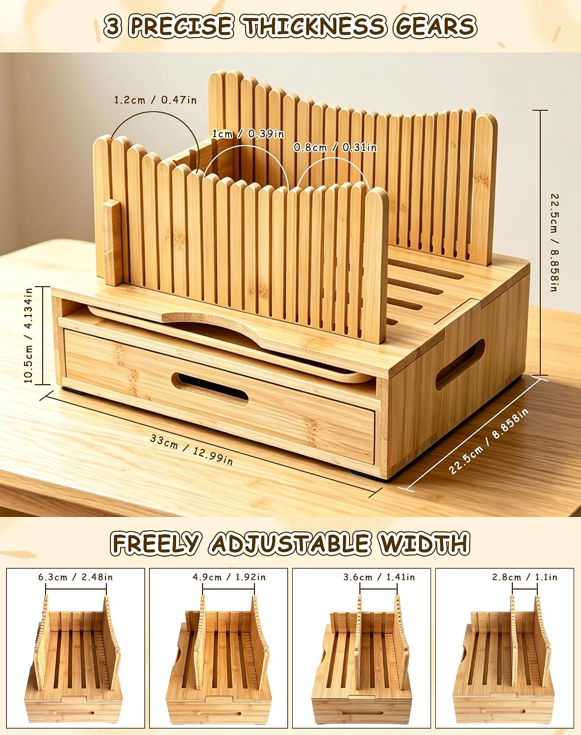 Bamboo Bread Slicer for Homemade Bread, Storage Drawer 2 Bread Bags