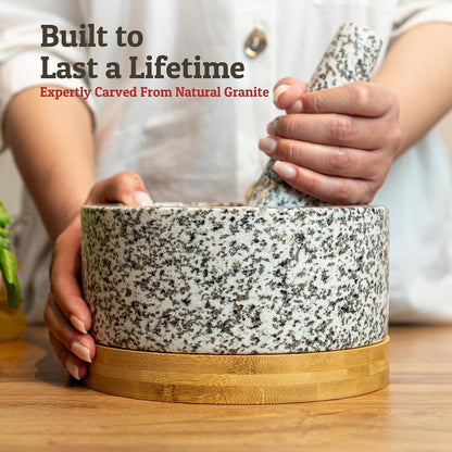 PriorityChef Heavy Duty Mortar and Pestle Set with Bamboo Base, 100% Natural Granite Stone Grinder, Guacamole Bowl and Masher, 1.5 Cups, Black