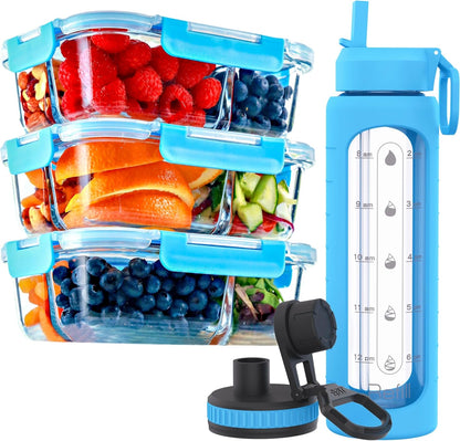 FIT Strong & Healthy 3 Compartments Glass Meal Prep Containers (3 Pack, 35 oz) and 32 oz Glass Water Bottle with Straw Lid, Time Marker, Sleeve & Extra Lid Bundle
