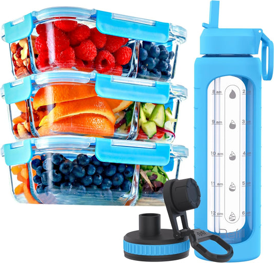 FIT Strong & Healthy 3 Compartments Glass Meal Prep Containers (3 Pack, 35 oz) and 32 oz Glass Water Bottle with Straw Lid, Time Marker, Sleeve & Extra Lid Bundle