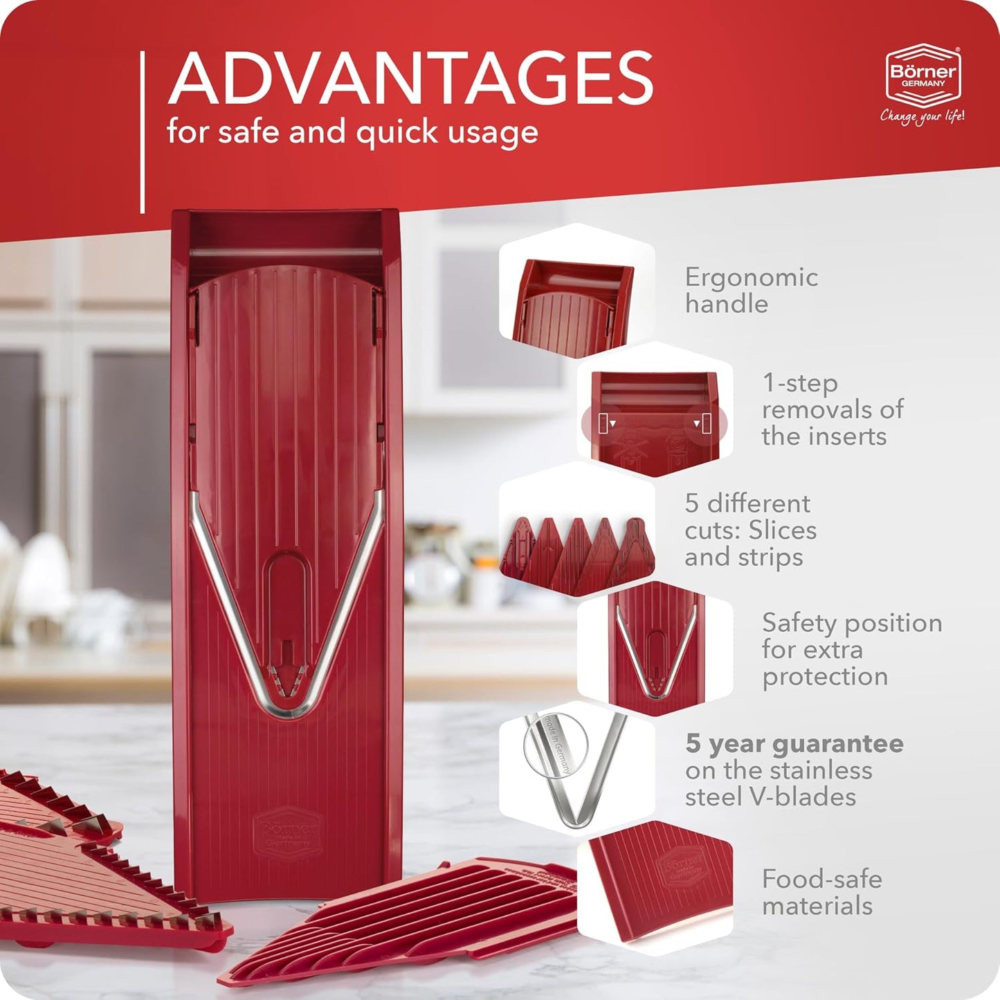 BORNER V Mandoline Slicer Kitchen V1 ClassicLine Starter Set | Vegetable Grater Börner - Quality Made in Germany, Color:White
