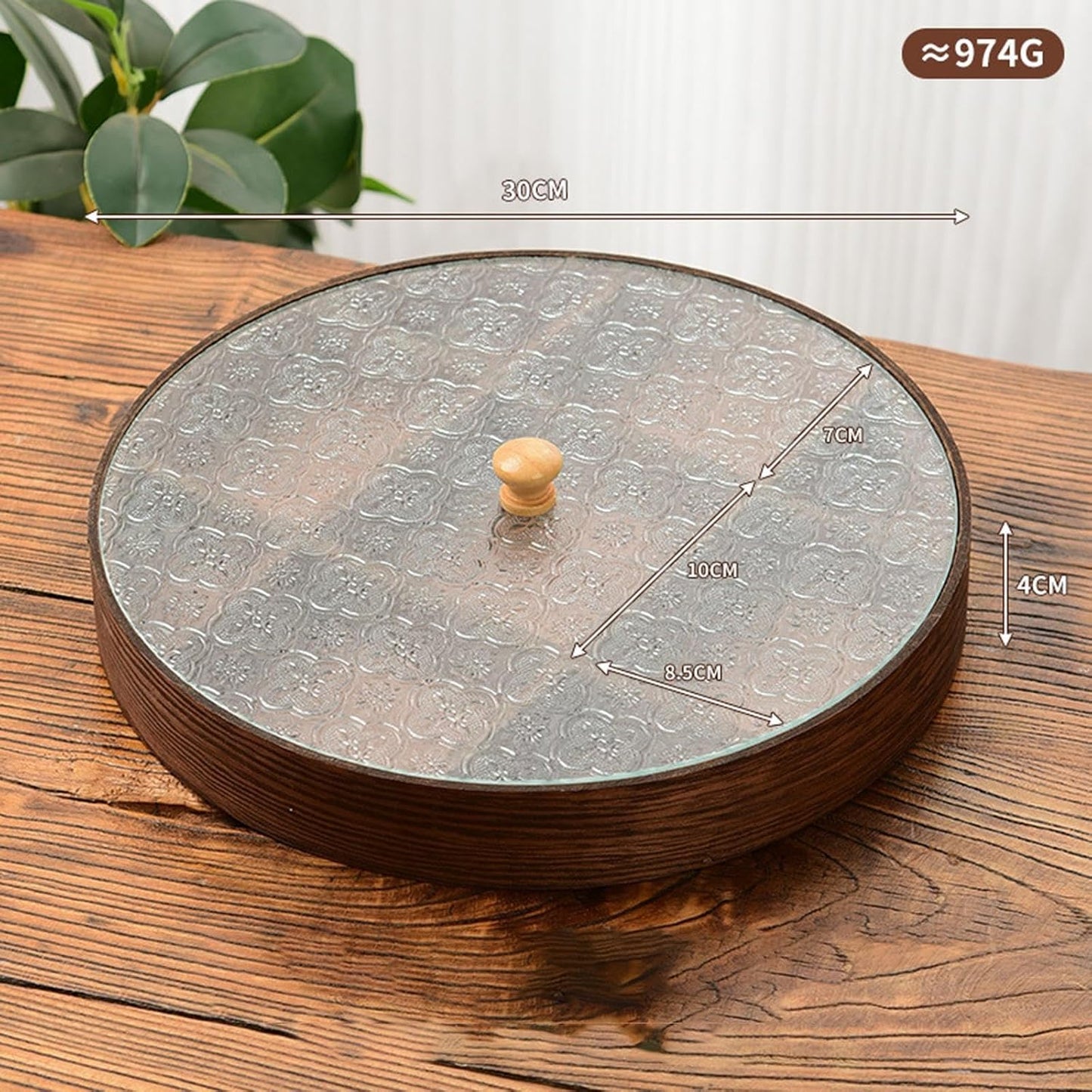Divided Serving Tray with Glass Lid, Wood Snack Tray Decorative Bowl Dry Fruits Food Organizer for Candy, Fruits, Nuts, Snacks, 30x30x4cm