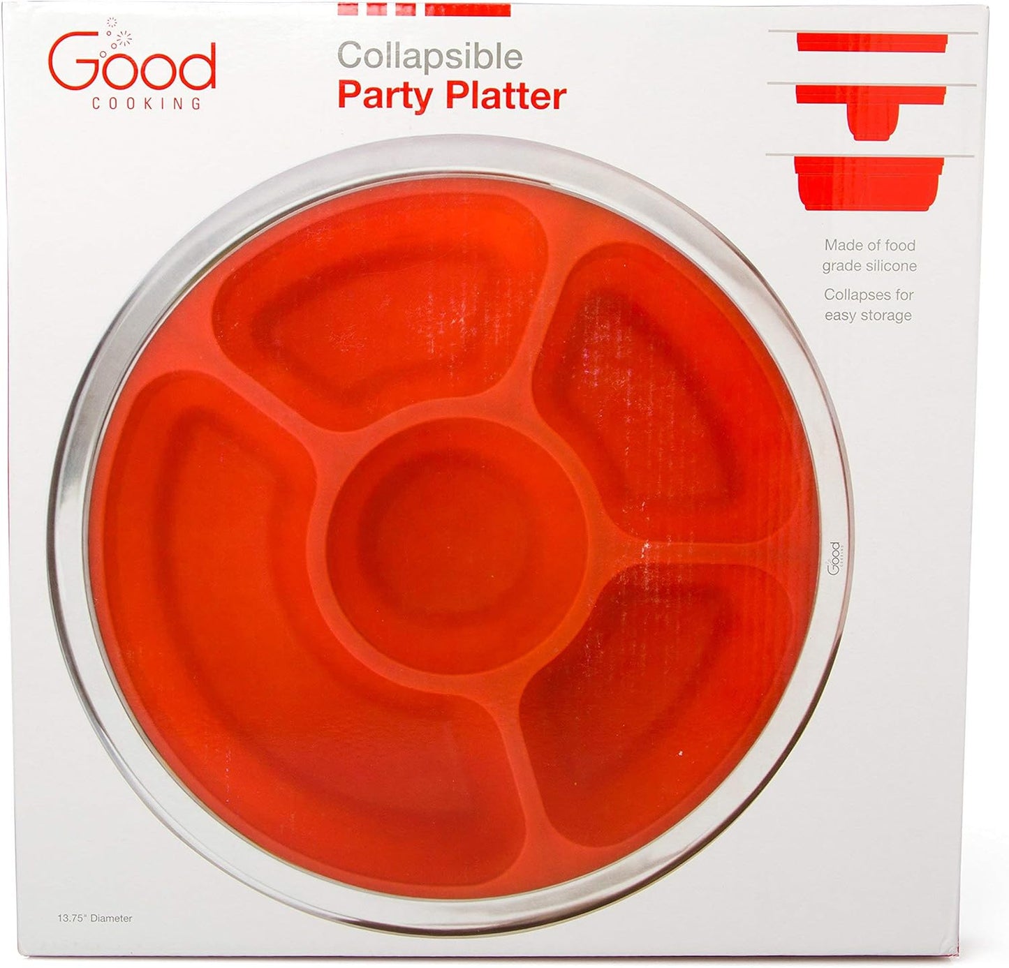 Collapsible 14" Party Serving Platter for Entertaining - Fruit, Veggie, Appetizer Server Tray w Stainless Steel Lid - Easy to Clean & Store, Portable, Dishwasher Safe- Hosting Sunday Football