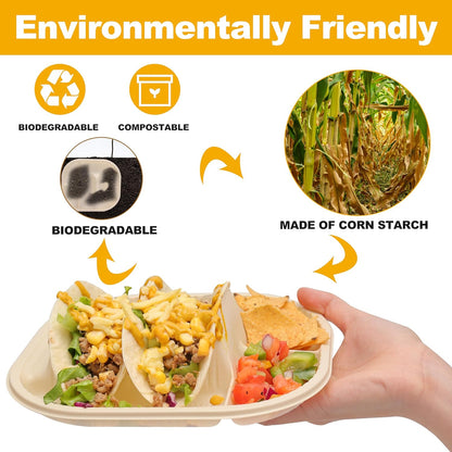 Small Disposable Taco Plates With Dipping Sides - 50 Pack, Biodegradable Cornstarch Taco Holder, Mini Size Fit 4-6 Inch Street Tortilla Shells, Sturdy & Microwave Safe, Bar Serving Set For A Party