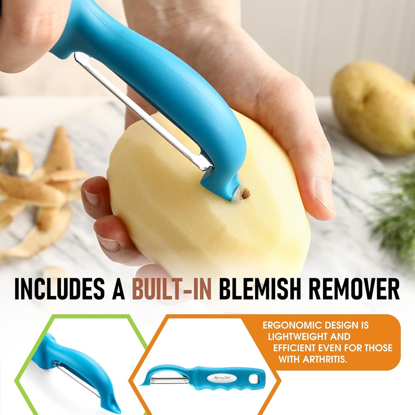 Spring Chef Premium Swivel Vegetable Peeler, Soft Grip Handle and Ultra Sharp Stainless Steel Blades - Perfect Kitchen Peeler For Veggie, Fruit, Potato, Carrot, Apple - Mango