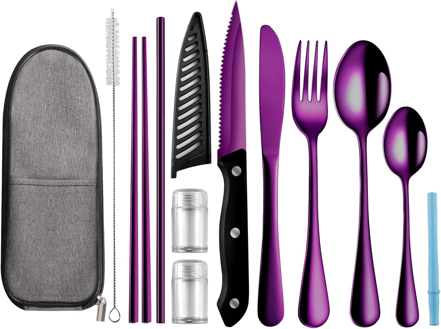 Logcow Travel Utensils Set with Case, 10-Piece Reusable Stainless Steel Camping Cutlery, Portable Fork Spoon Knife Chopsticks & Straw for Work, Lunch, Picnic (Rainbow)