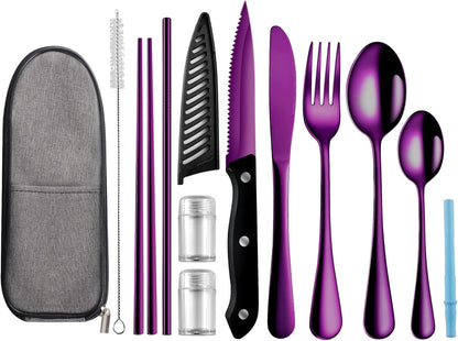 Logcow Travel Utensils Set with Case, 10-Piece Reusable Stainless Steel Camping Cutlery, Portable Fork Spoon Knife Chopsticks & Straw for Work, Lunch, Picnic (Rainbow)