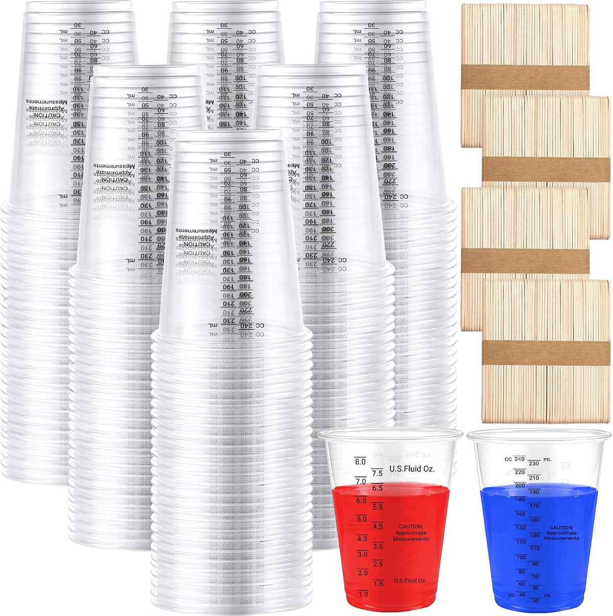 200 PACK Plastic Measuring Cups 8 oz, Disposable Mixing Cups with 200 Pieces Mixing Sticks, Graduated Liquid Measuring Cups for Epoxy Resin, Paint, Mixing, Art DIY