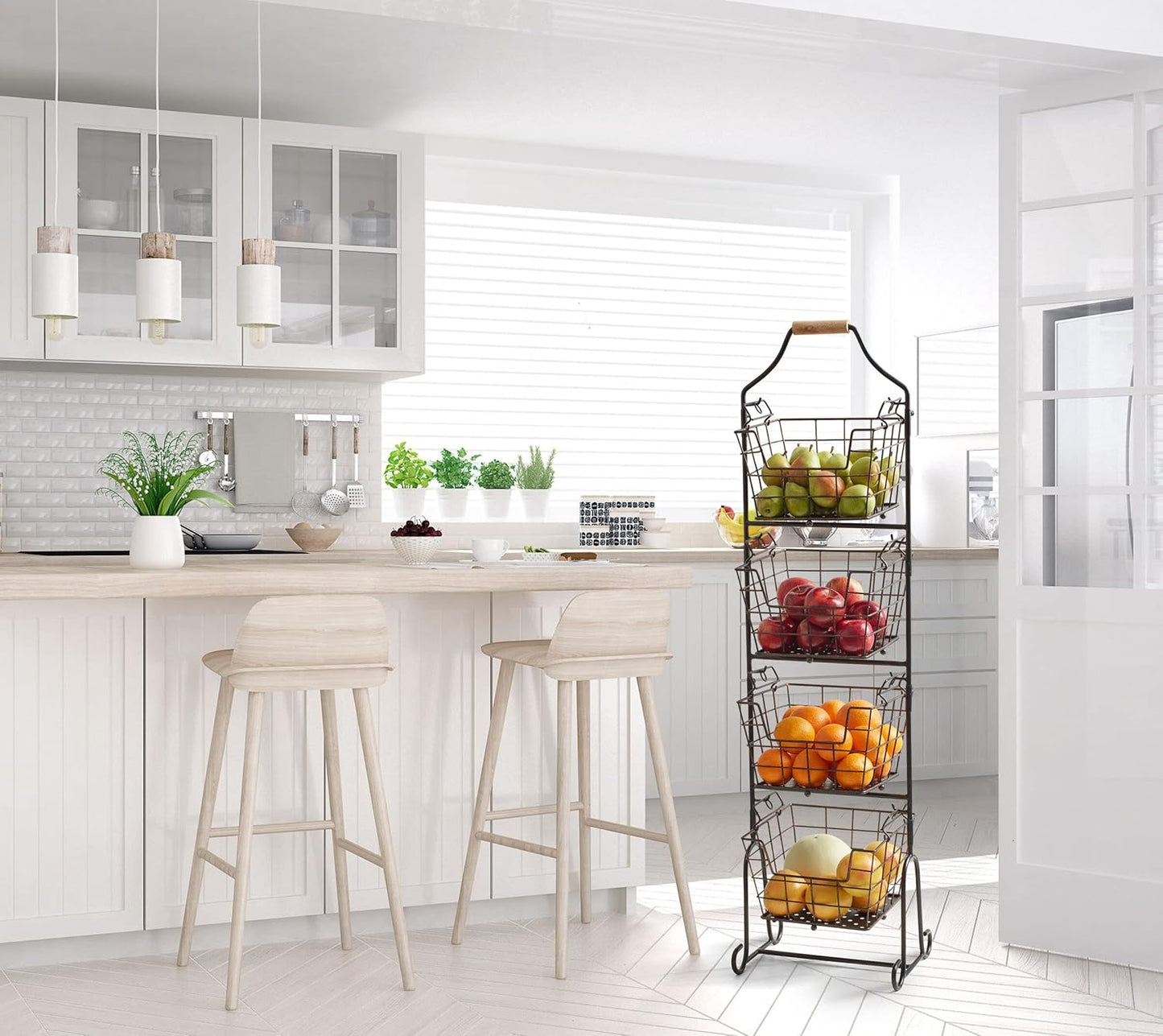 Mikasa Gourmet Basics Ferme 4-Tier Market Basket - Antique Black Wire and Acacia Wood Handle, Kitchen Fruit Vegetable Storage Organizer, 13.5 x 11.5 x 51 Inches