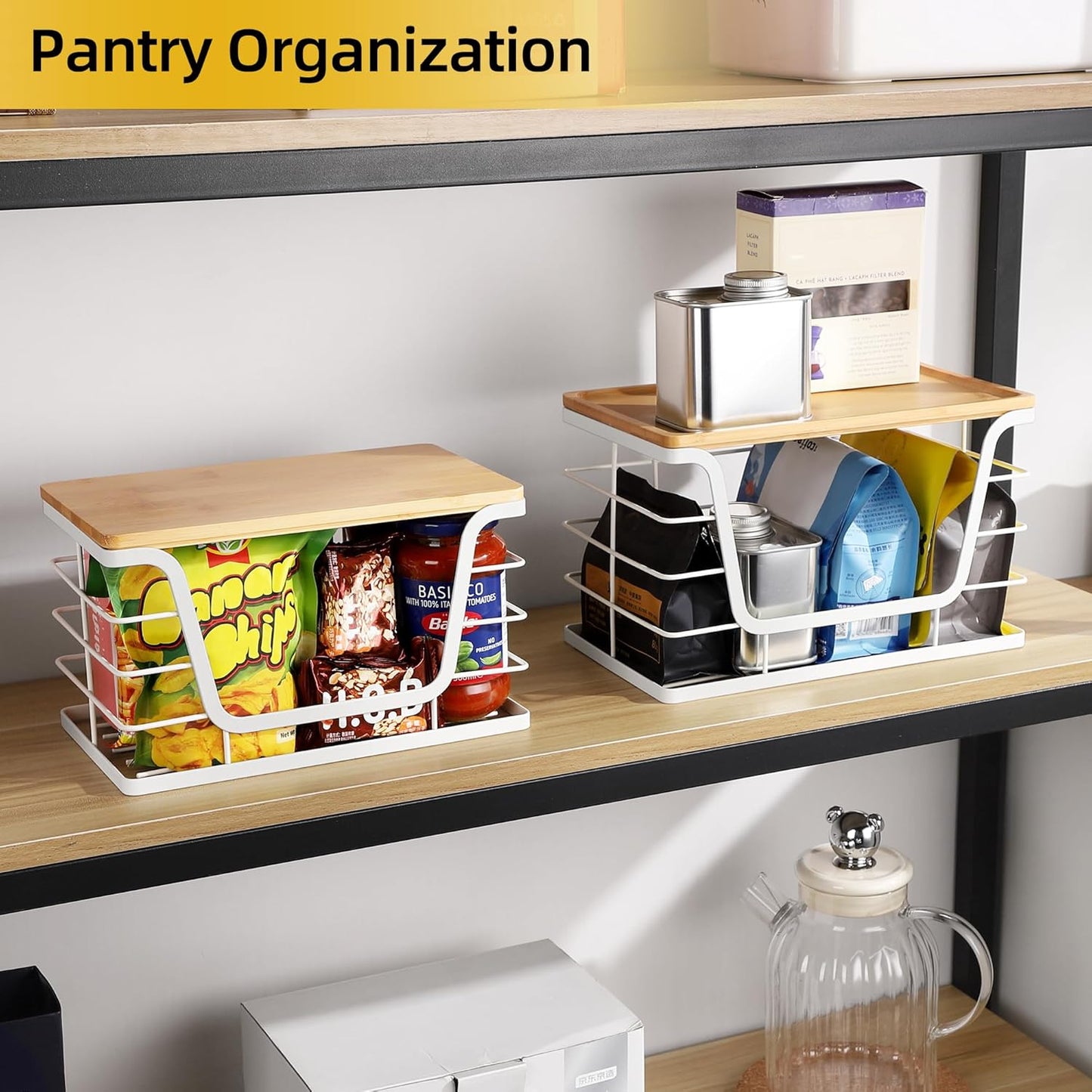 ALOCEO 2 Pack Stackable Wire Storage Basket with Bamboo Lid, Trash Bag Dispenser Under Sink for 4-13 Gal Bags, Kitchen Storage Bins for Potato and Onion, Brown