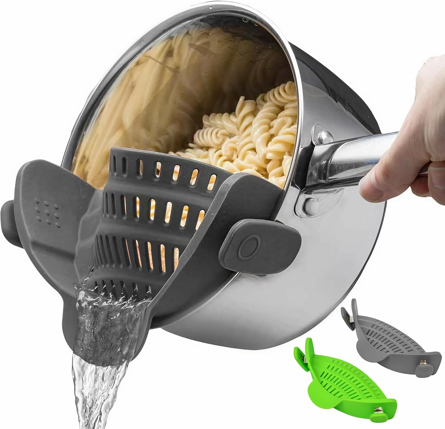 Kitchen Gizmo Snap N' Strain - Silicone Pasta Strainer Clip-On for Pots and Pans - Heat Resistant Colander for Vegetables and Noodles - Kitchen Gadgets for Cooking - Space-Saving Design - Gray