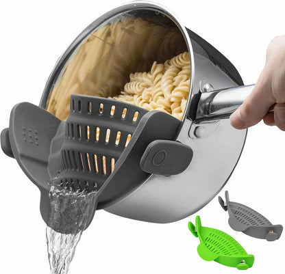 Kitchen Gizmo Snap N' Strain - Silicone Pasta Strainer Clip-On for Pots and Pans - Heat Resistant Colander for Vegetables and Noodles - Kitchen Gadgets for Cooking - Space-Saving Design - Gray
