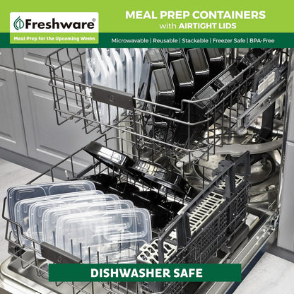Freshware Meal Prep Containers [15 Pack] 2 Compartment with Lids, Food Storage Containers, Bento Box, BPA Free, Stackable, Microwave/Dishwasher/Freezer Safe (28 oz), Black