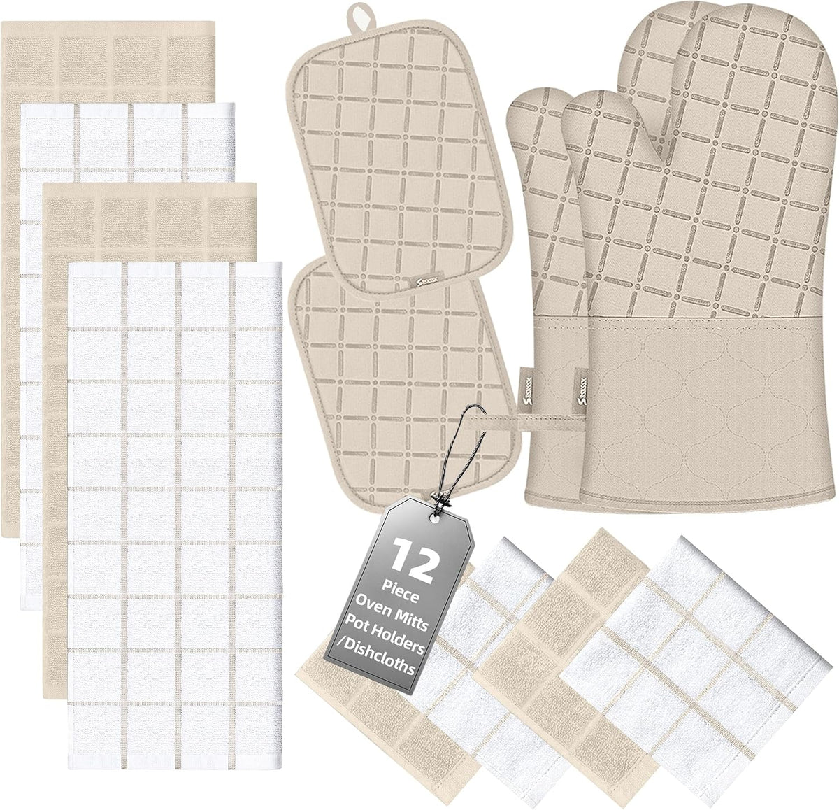 Oven Mitts Kitchen Towels and Dishcloths Pot Holders Sets, Oven Gloves Kitchen Dish Towels 500 Degree Heat Resistant Potholders with Non-Slip Silicone Surface for Cooking, Grilling, Baking-Gray