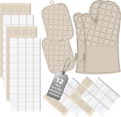 Oven Mitts Kitchen Towels and Dishcloths Pot Holders Sets, Oven Gloves Kitchen Dish Towels 500 Degree Heat Resistant Potholders with Non-Slip Silicone Surface for Cooking, Grilling, Baking-Gray