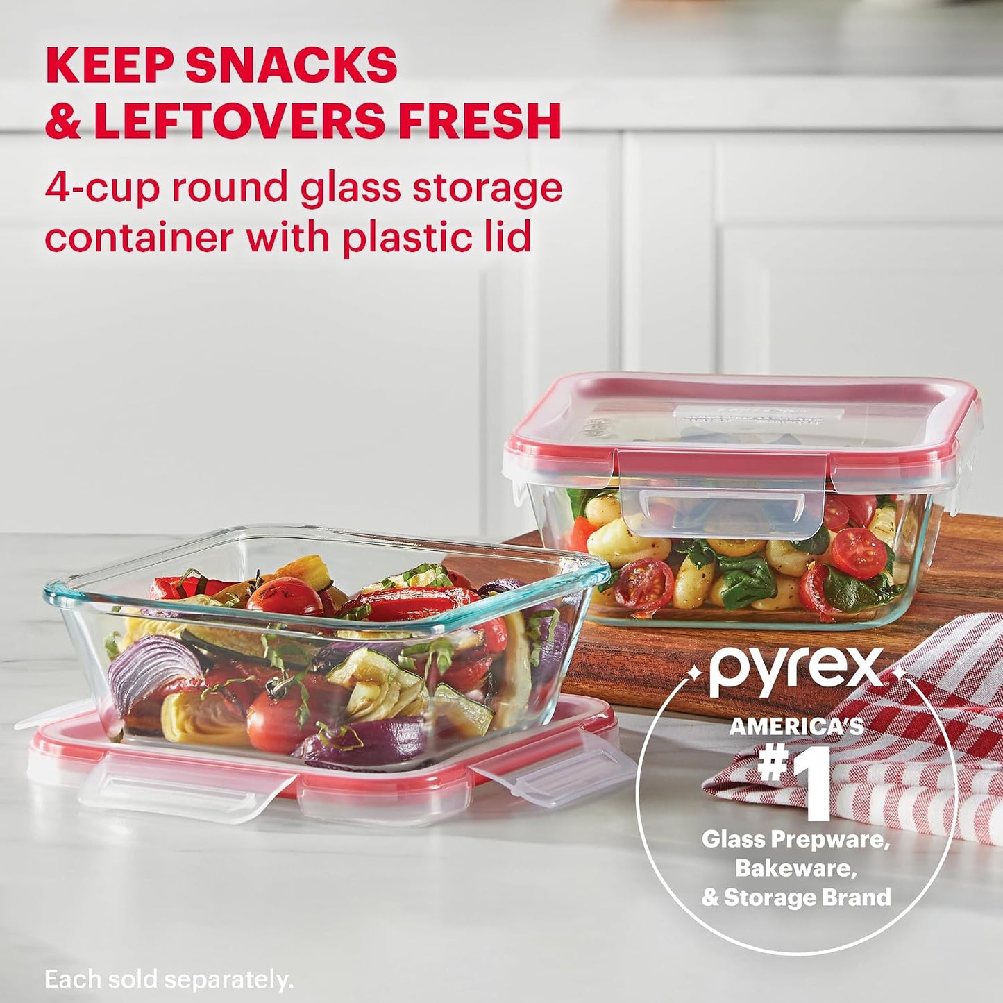 Pyrex Freshlock Glass Food Storage Container, Airtight & Leakproof Plastic Locking Lids, Freezer Dishwasher Microwave Safe, 8 Cup