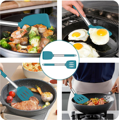 TeamFar Kitchen Utensils, 4 PCS Silicone Cooking Utensils Spatula Spoon Set with Stainless Steel Handle, for Frying Mixing Draining Turning, Healthy & Heat-proof, Non-stick & Dishwasher Safe - Black