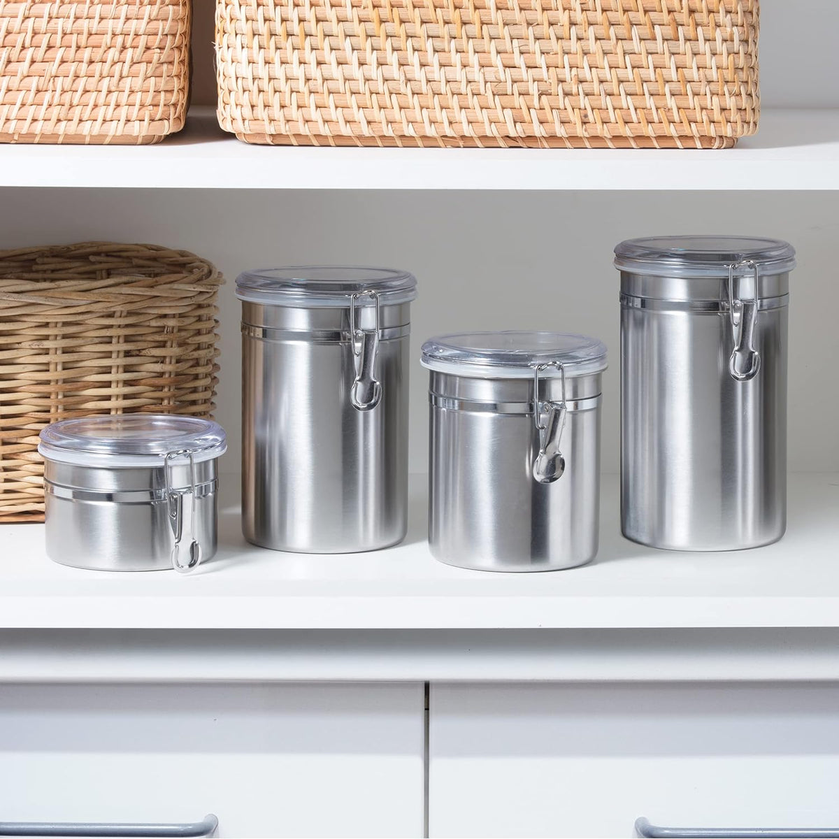 Oggi Stainless Steel Kitchen Canister 62 fl oz - Airtight Clamp Lid, Clear See-Thru Top - Ideal for Kitchen Storage, Food Storage, Pantry Storage. Large Size 5" x 7.5".