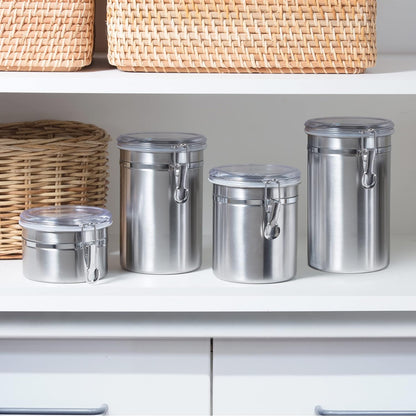 Oggi Stainless Steel Kitchen Canister 62 fl oz - Airtight Clamp Lid, Clear See-Thru Top - Ideal for Kitchen Storage, Food Storage, Pantry Storage. Large Size 5" x 7.5".