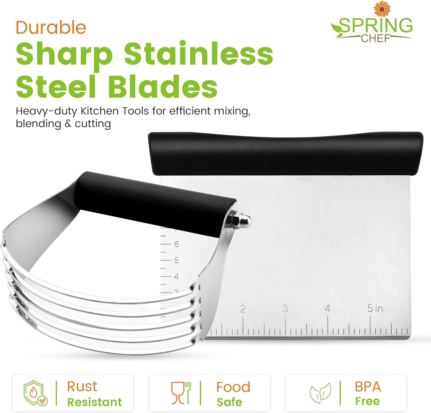Spring Chef Dough Bench Scraper for Baking with Markings - Stainless Steel Kitchen Dough Cutter Tool with Bowl Pastry Scraper for Pizza, Bread, Pastries - Bench Knife - Dishwasher Safe - Black