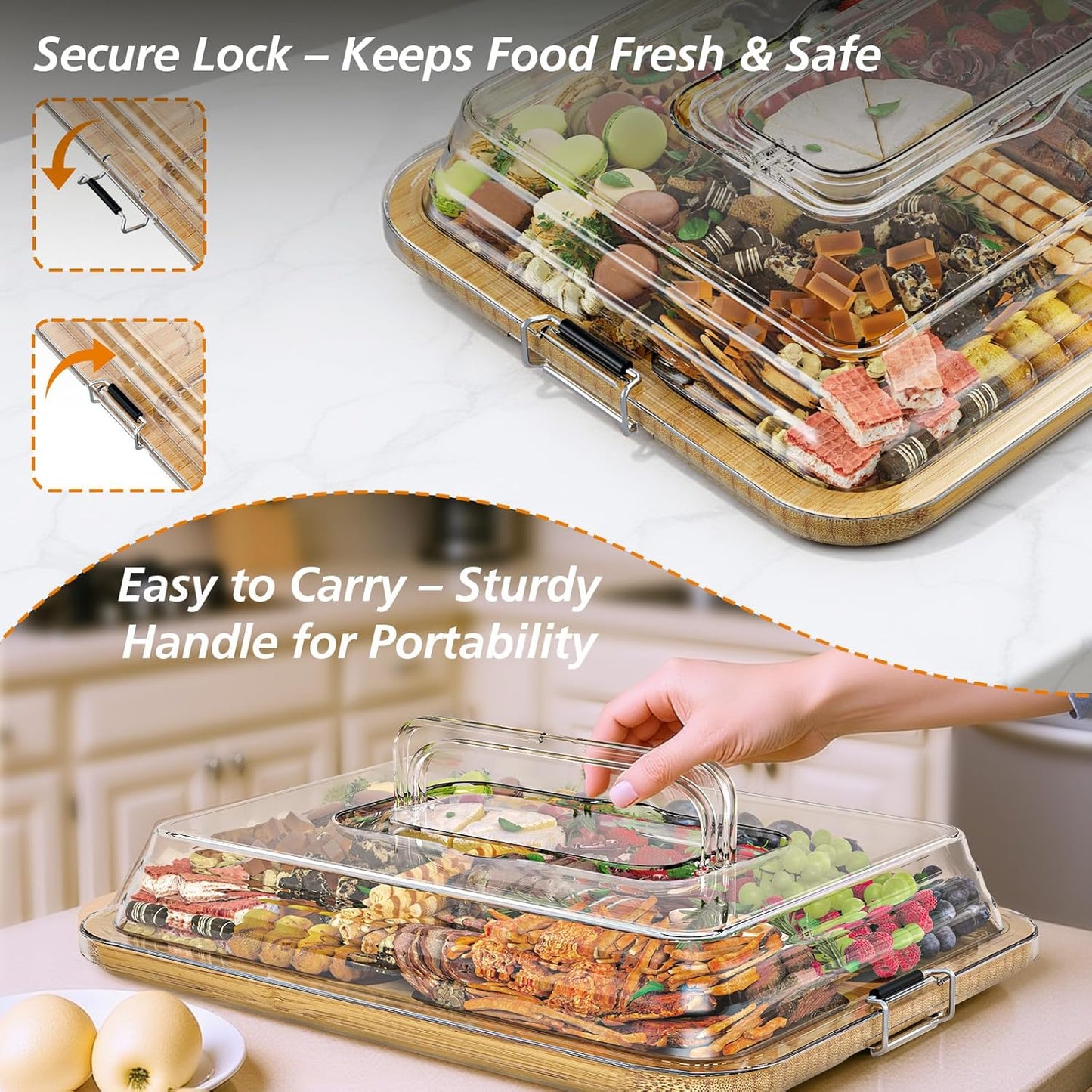 Charcuterie Boards with Foldable Lid, Portable Bamboo Cheese Board with Single Compartments, Clear Locking Lid and Handle, Easy to Store, Suitable for Picnics, Camping, Parties