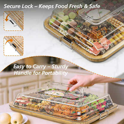 Charcuterie Boards with Foldable Lid, Portable Bamboo Cheese Board with Single Compartments, Clear Locking Lid and Handle, Easy to Store, Suitable for Picnics, Camping, Parties