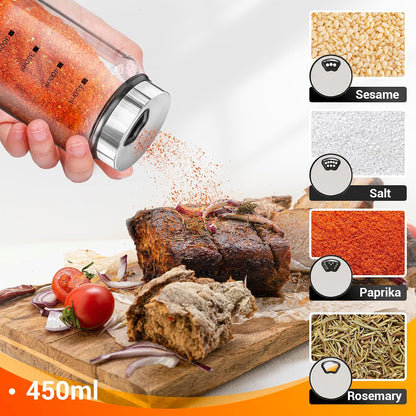 Segarty Spice Jars, 3 oz Spice Bottles with Shaker Lids, Glass Empty Seasoning Containers with Adjustable Pour Holes for Kitchen Spice Storage Stainless Steel Flow Top Salt and Pepper Shakers