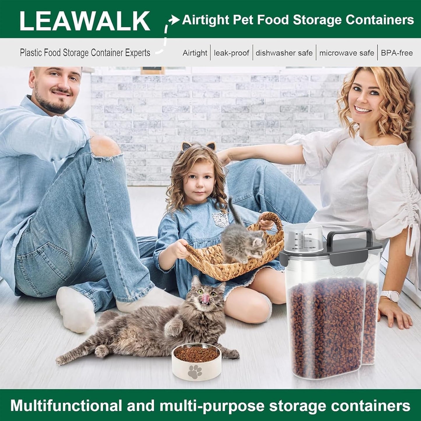 LEAWALK 5-7Lbs Dog Cat Food Storage Container with Upgraded Large Nozzle BPA-free, 4 Snap Seals Plastic Pet Food Storage Containers with Handles are Easy to Clean and Carry