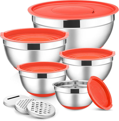 E-far Stainless Steel Mixing Bowls with Lids Set, 5-Piece Nesting Salad Bowls with 3 Grater Attachments and Non-Slip Bottoms, Size 4.6, 2.6, 2, 1.5, 1QT for Kitchen (Khaki)