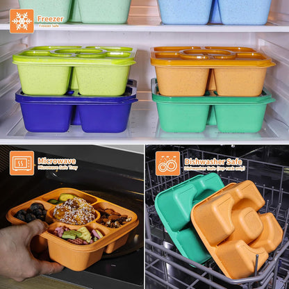 Original Lunchable Snack Containers - 5 Compartments Bento Snack Boxes with 1 Leakproof Small Containers, Wheat Straw, BPA-Free, Set of 2 (Bule+Pink)