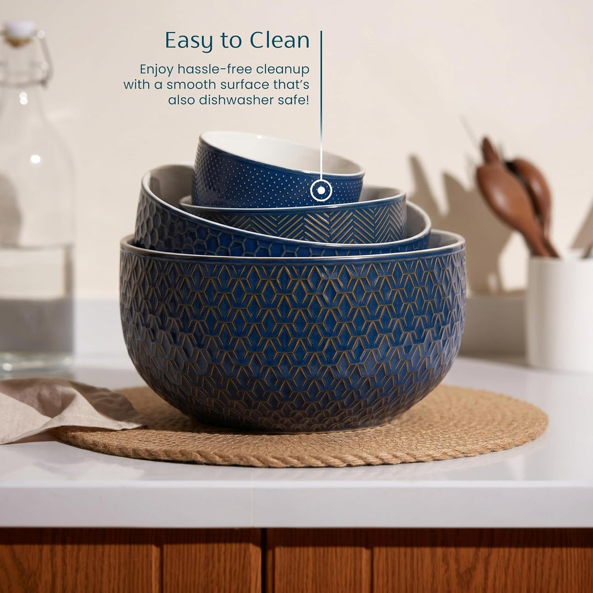 KooK Ceramic Nesting Bowls, Embossed, Oven Safe, Set of 4, Ivory