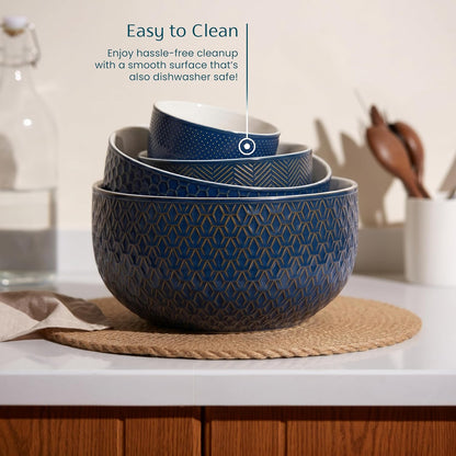 KooK Ceramic Nesting Bowls, Embossed, Oven Safe, Set of 4, Ivory