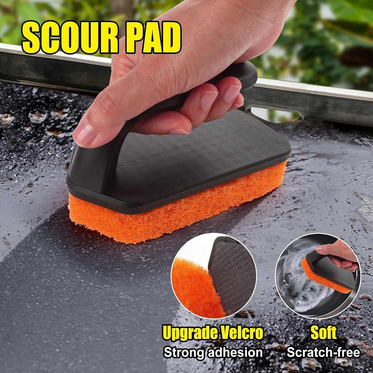 GRILLART Griddle Cleaning Kit for Blackstone, Flat Top Grill Cleaning Kit with Grill Stone, Griddle Scraper, Scouring Pad and Handles, Multifunctional Griddle Accessories for Rusty Grills, Orange