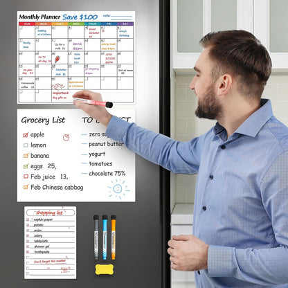 Dry Erase Magnetic Calendar for Refrigerator, 3 Pack- Monthly & Weekly & Daily Planner Magnet Whiteboard for Fridge Wall Door - Shopping, Meal/Menu, to Do List, Family Schedule Planning Board (C)
