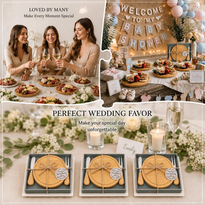 Maxcheck 6 Sets Baby Shower Bridal Game Prizes for Winners Round Cheese Board Set Wood Mini Charcuterie Board with Knives and Forks Thank You Card with Gift Box for Guests Wedding (Bamboo)