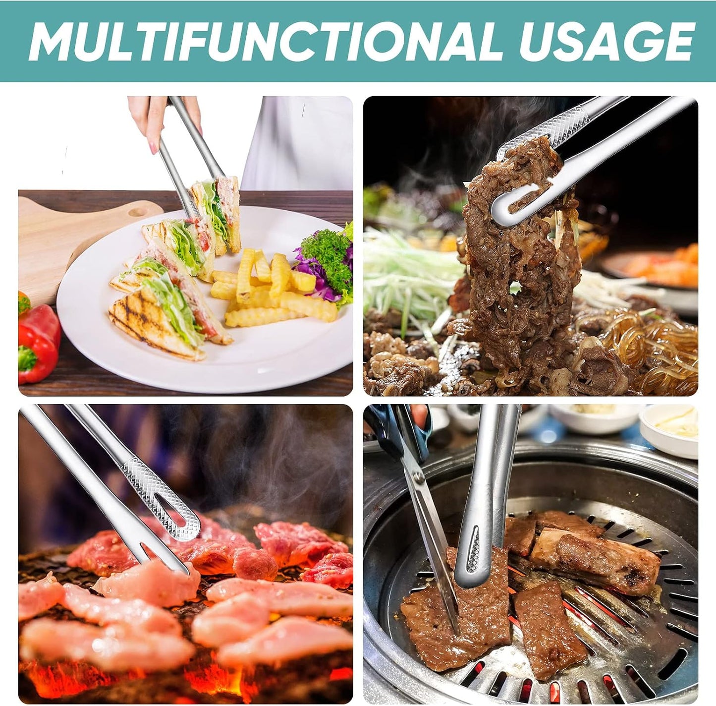 meekoo 6 Pcs 7.8 Inches Stainless Steel Korean BBQ Grill Tongs Japanese Barbecue Tongs for Cooking Portable Kitchenware Home Outdoor Steak Salad Food