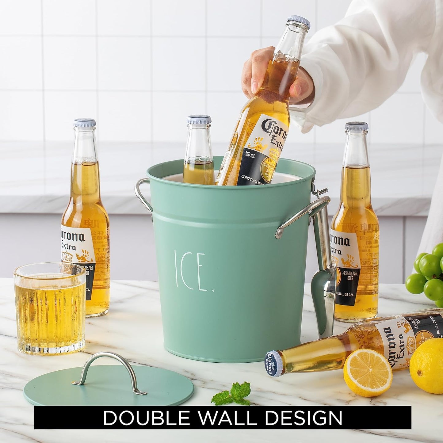 Rae Dunn Ice Bucket with Scoop - Stainless Steel Bucket with Handle, Lid and Ice Scooper - 4 Qt. Storage Bin for Ice Cubes for Bars, Parties, Backyard Barbeques, Picnics, and Camping (Black)