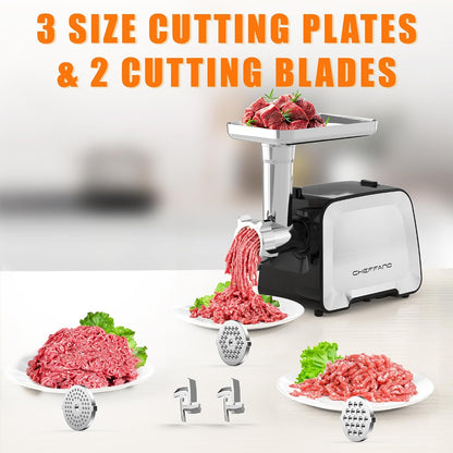 Electric Meat Grinder, 2000W Max Sausage Stuffer Maker, Vegetable Cheese Grater with 3 Shredder Slicer Blades, 2 Blades, 3 Plates, Sausage Tube, 2 Meat Claws, Burger Press & Kubbe Kit