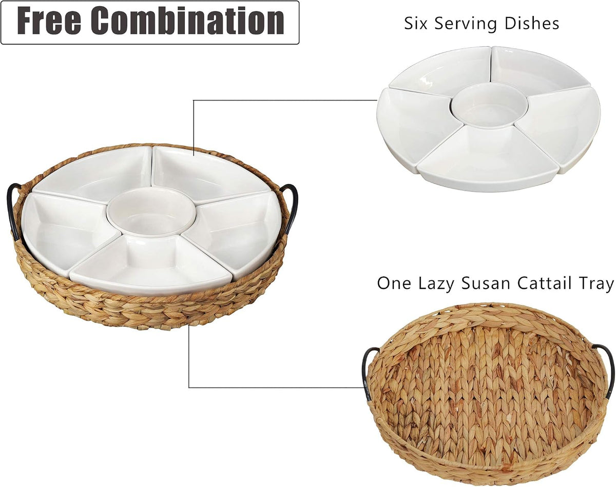 Serving Tray and Serving Dishes, RANDEFURN 7-Set Gold Platters for Parties,15.5 x 15.5 inches, Divided Serving Trays & Platters, Portable Handle,Gold