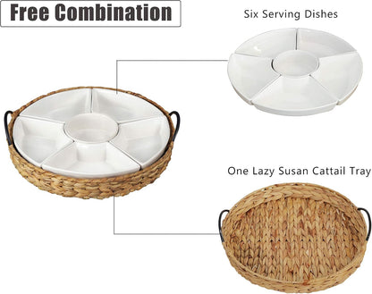 Serving Tray and Serving Dishes, RANDEFURN 7-Set Gold Platters for Parties,15.5 x 15.5 inches, Divided Serving Trays & Platters, Portable Handle,Gold
