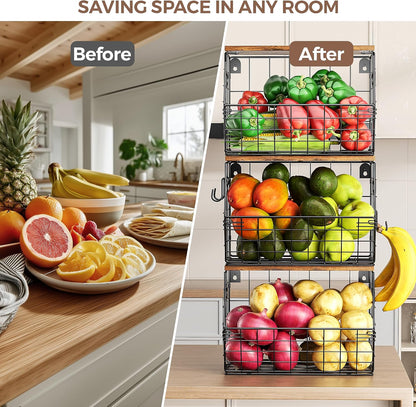 Delamu Stackable Metal Fruit Basket with Wood Lid 2 Pack, Hanging Wall Organizer for Kitchen Counter, Pantry Storage for Onions, Potatoes, Garlic, Fruits, Spices, Black