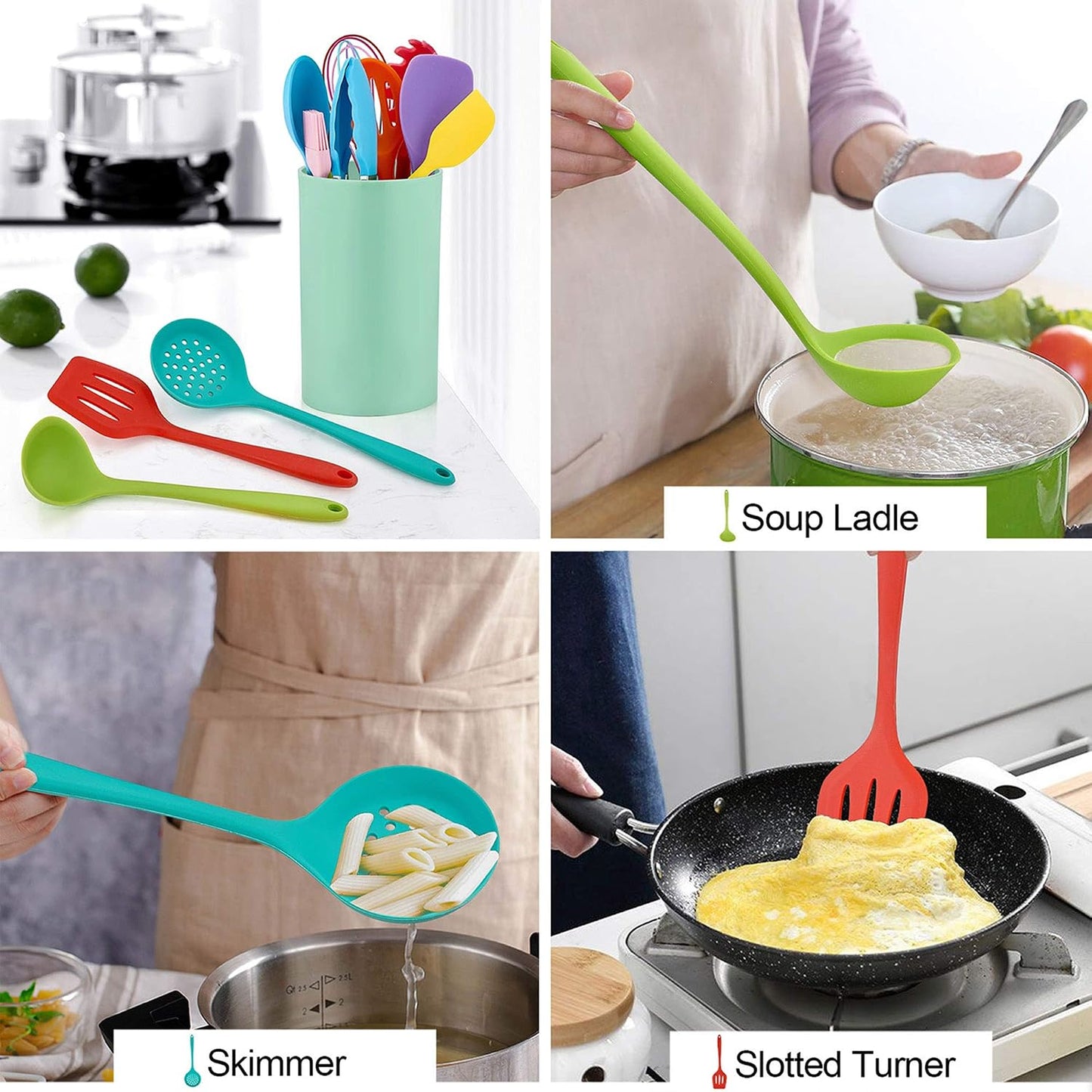 LIANYU 12-Piece Silicone Kitchen Cooking Utensils Set with Holder, Kitchen Tools Include Slotted Spatula Spoon Turner Ladle Tong Whisk, Dishwasher Safe, Dark Blue