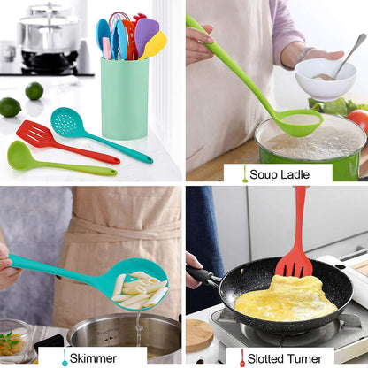 LIANYU 12-Piece Silicone Kitchen Cooking Utensils Set with Holder, Kitchen Tools Include Slotted Spatula Spoon Turner Ladle Tong Whisk, Dishwasher Safe, Dark Blue