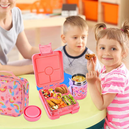 Pawtong Bento Lunch Box Set With 10oz Soup Thermo, Leak-proof Lunch Containers with 4 Compartment, Kids Hot Thermo Food Jar/Insulation Lunch Bag, Food Containers for School（Dinosaur）